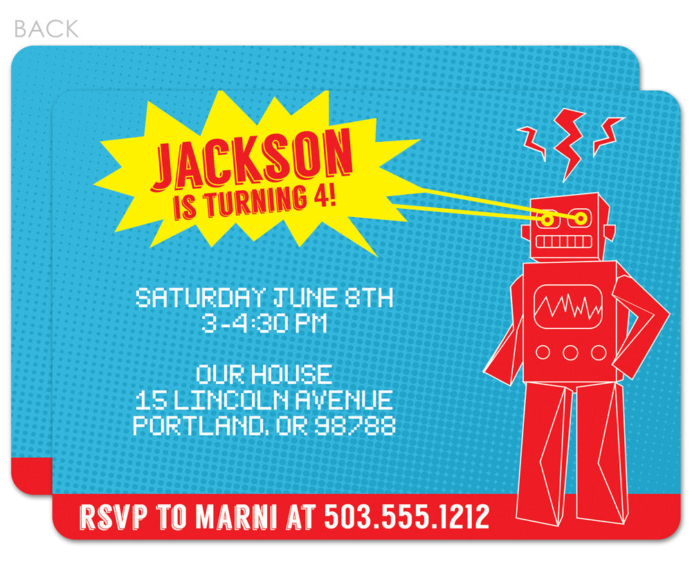 Robot with laser eyes boy birthday invitations, printed on heavyweight premium cardstock, pipsy.com