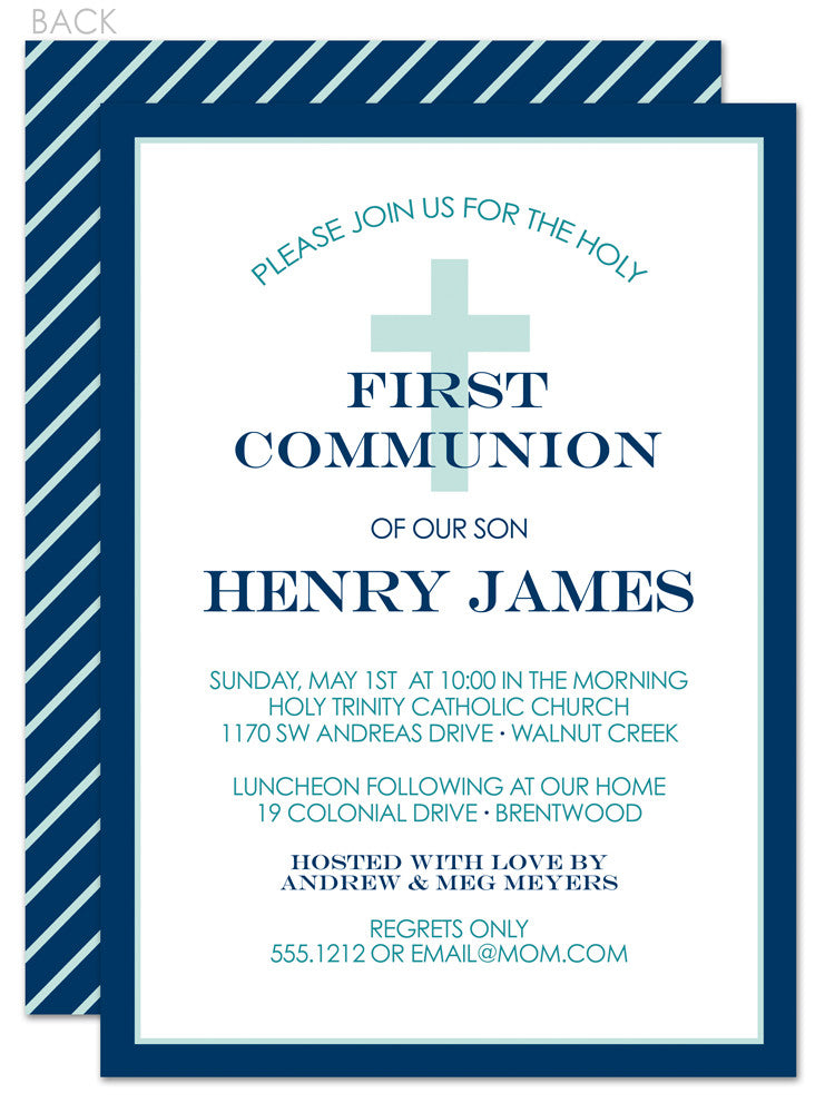 Classic cross first communion invitation in blue and green diagonal stripes