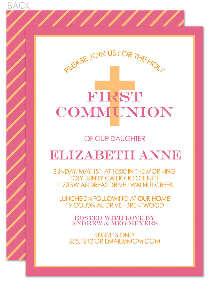 Classic cross first communion invitation in pink and gold diagonal stripes