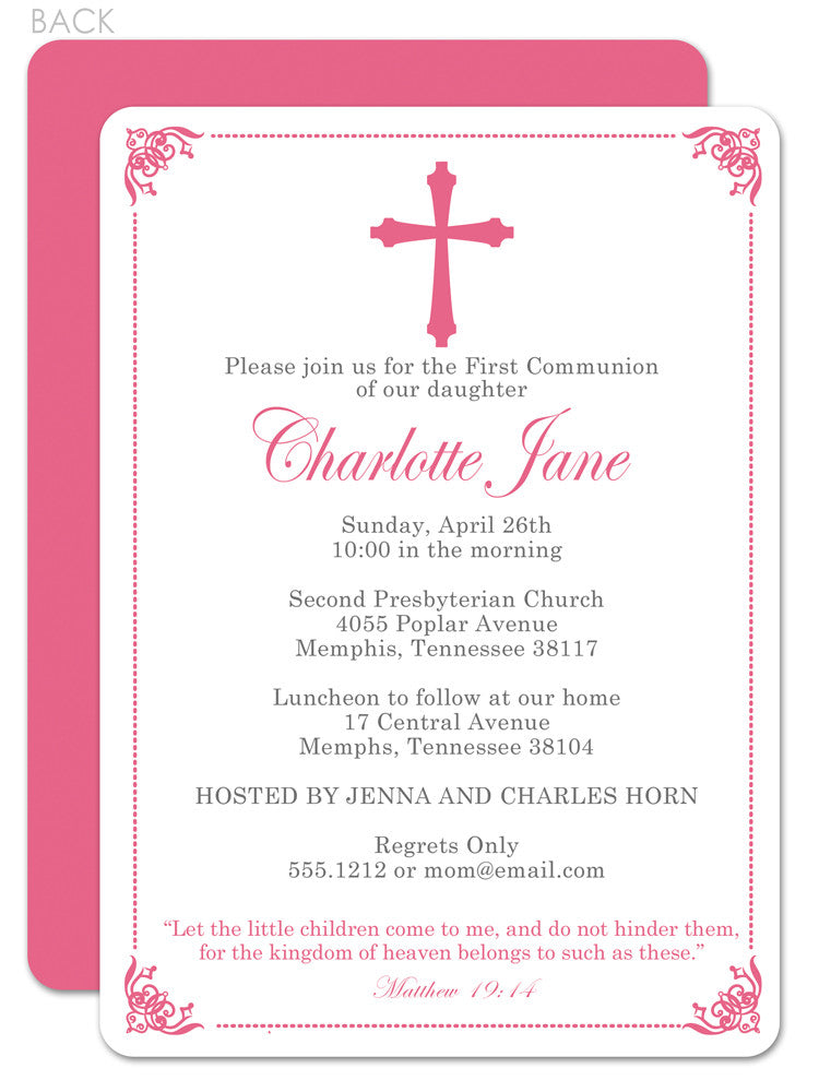Ornate frame first communion invitation in pink with cross