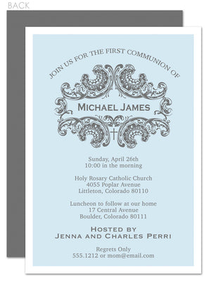 Elegant first communion invitation in blue and grey, printed on heavy cardstock, from Pipsy.com