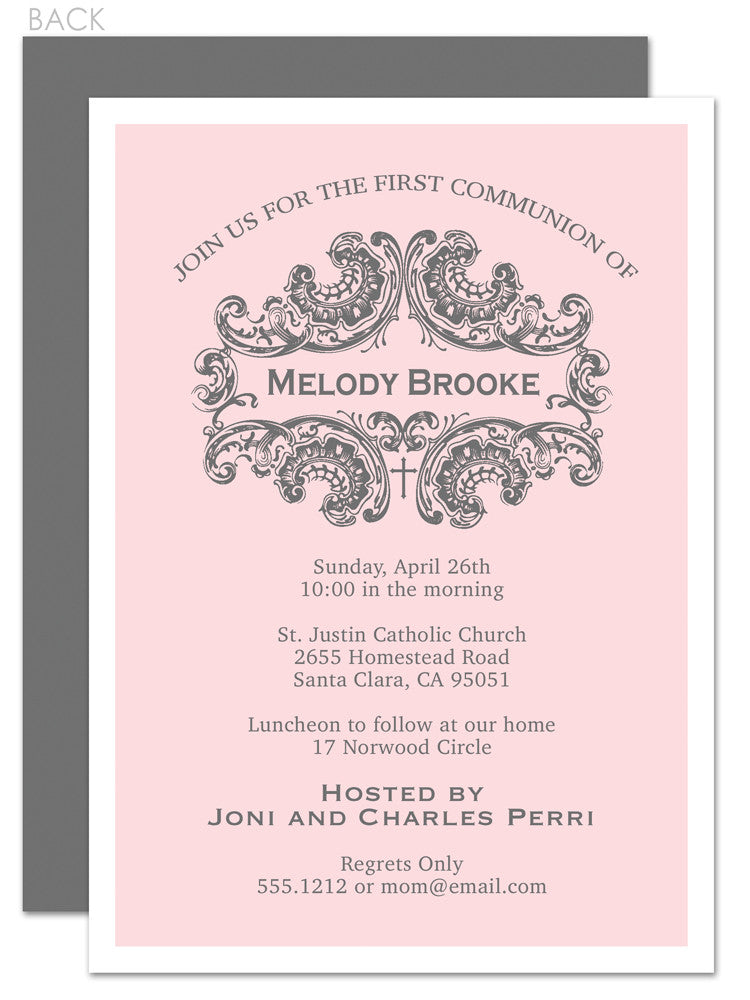 Elegant first communion invitation in pink and grey
