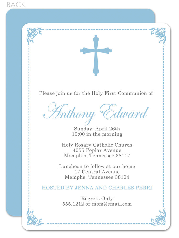 Ornate frame first communion invitation in blue with cross