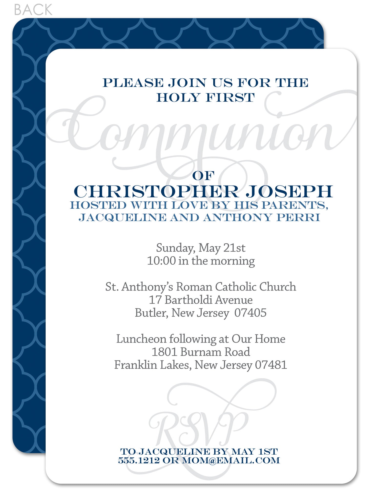 Script navy and grey first communion invitation