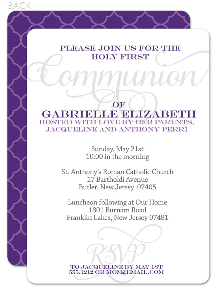 Script purple and grey first communion invitation
