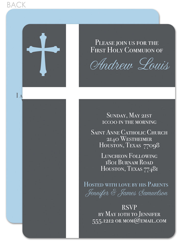 Two crosses first communion invitation in blue and grey