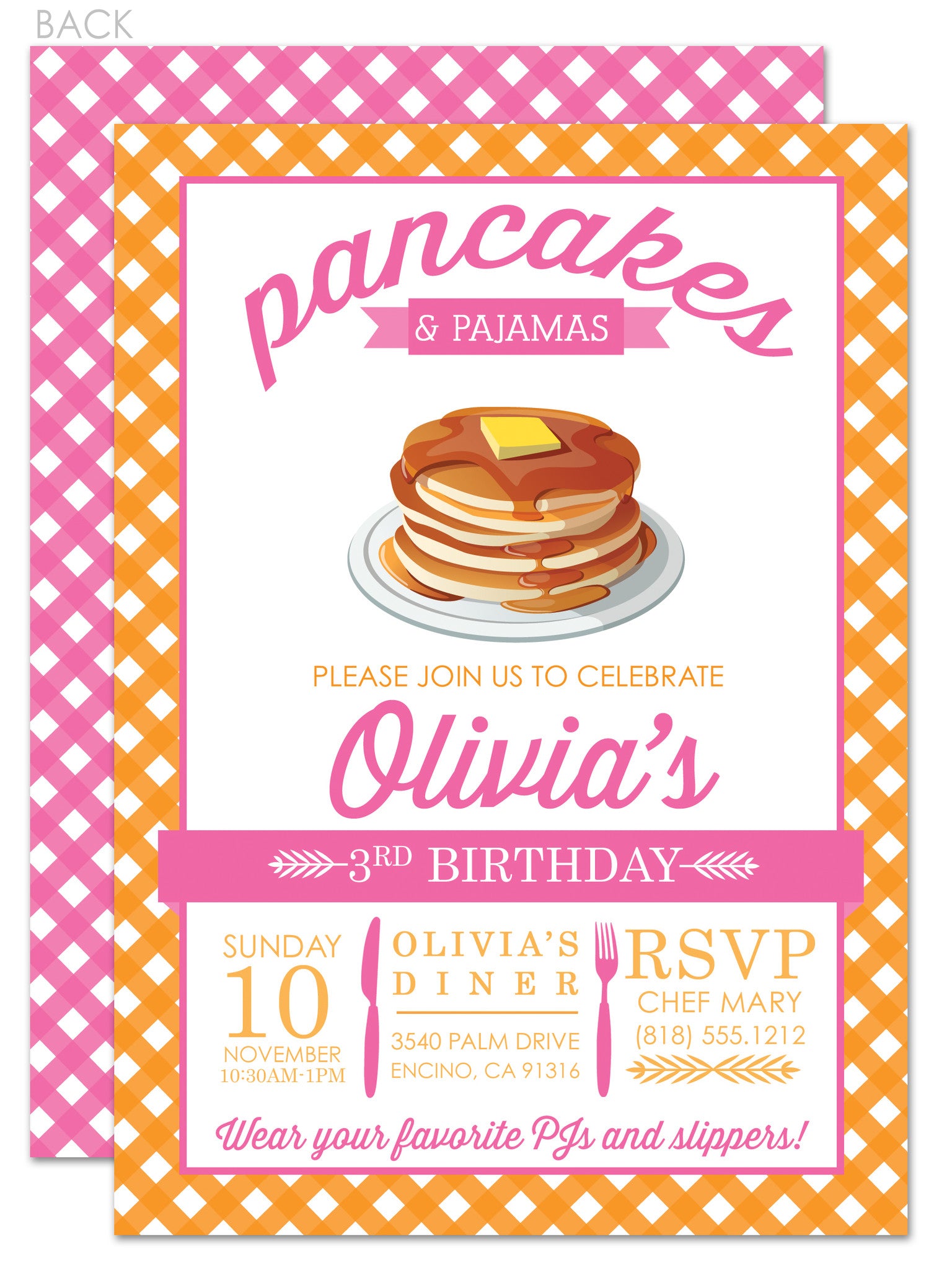Pancakes and pajamas party invitation, in pink and orange, printed on premium heavweight cardstock, Pipsy.com