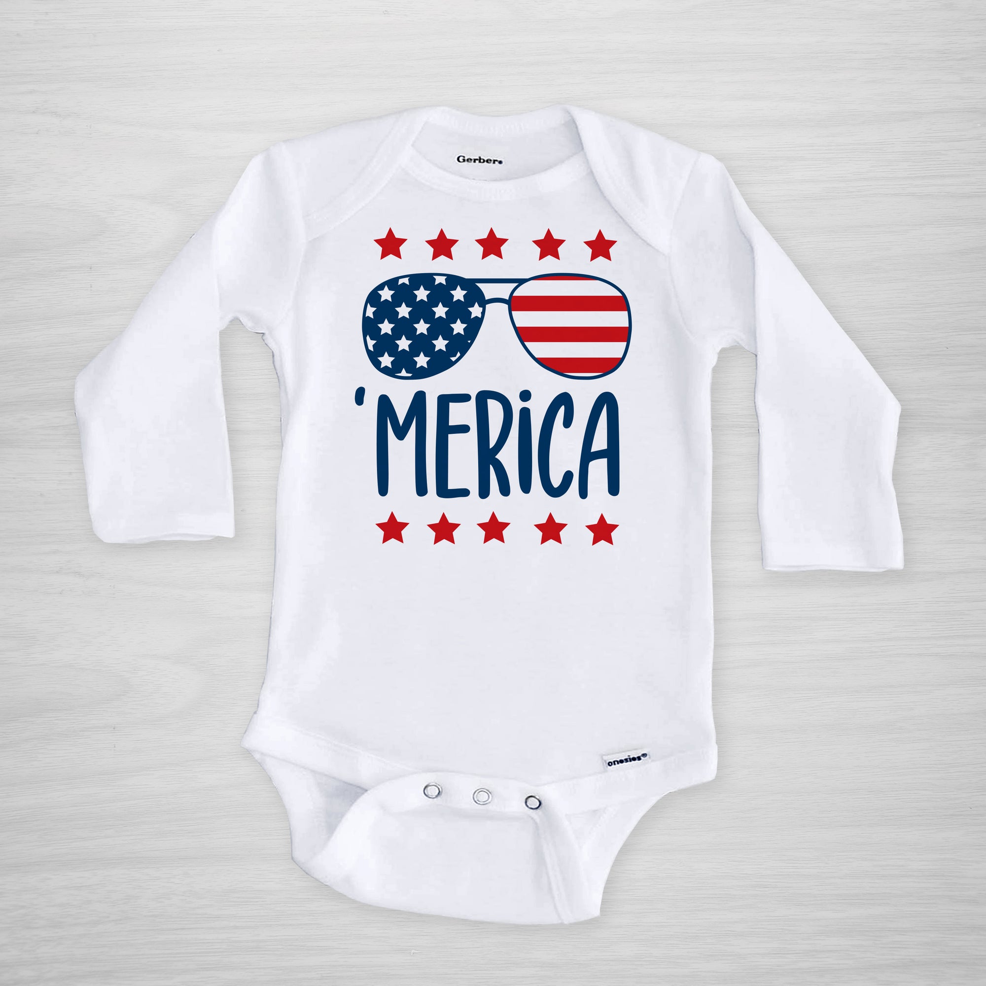 'Merica 4th of July Onesie with US Flag Aviator Sunglasses, long sleeved