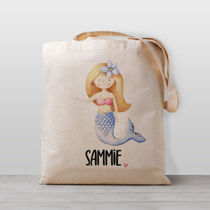 Mermaid Tote Bag Personalized with girl's name, 100% Natural Cotton Canvas