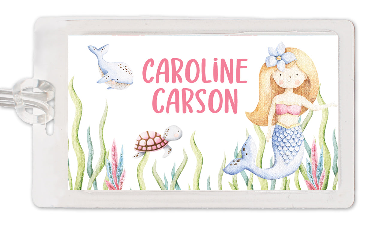 Mermaid Bag Tag, Laminated and two sided, featuring a mermaid  with blonde hair and her friends the whale and sea turtle