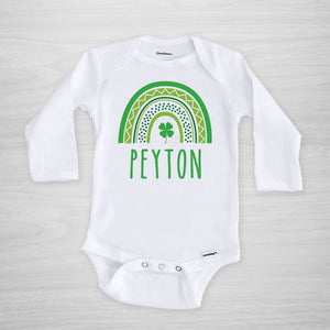 Personalized St. Patrick's Day Onesie® with a green modern rainbow and shamrock, long sleeved