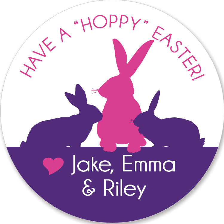 modern silhouette of rabbits in pink and purple round stickers