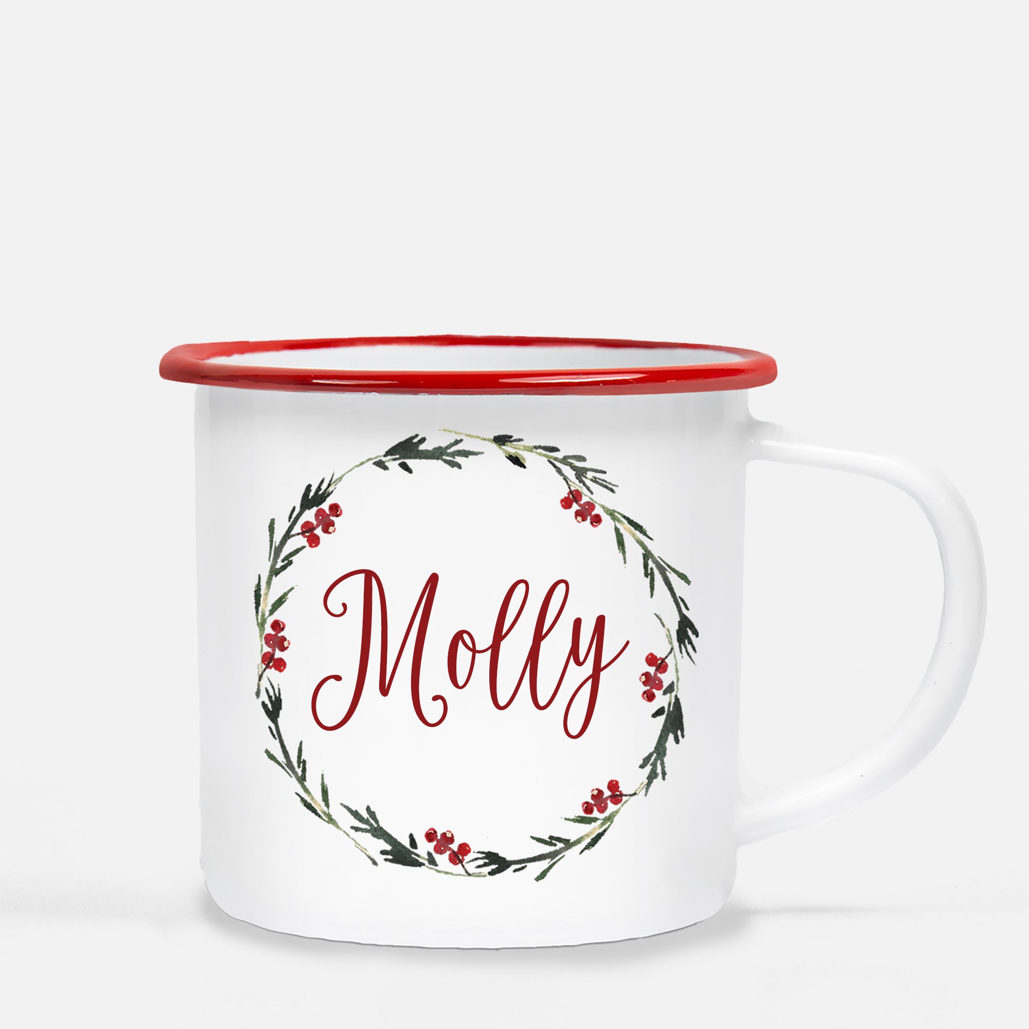 Simple Holiday Wreath Camp Mug, Personalized, Red Lip