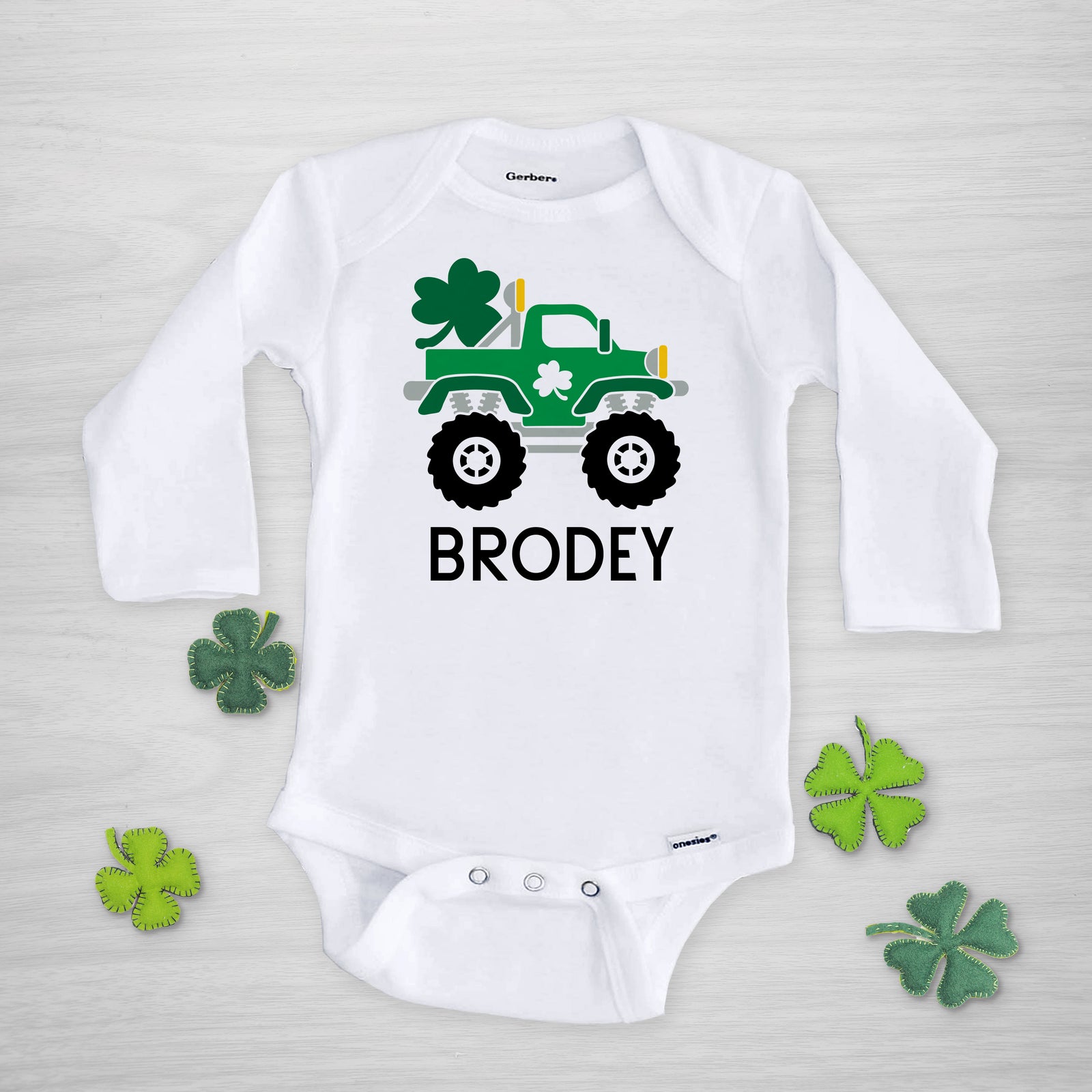 Monster Truck with Shamrocks St. Patricks Day gerber onesie