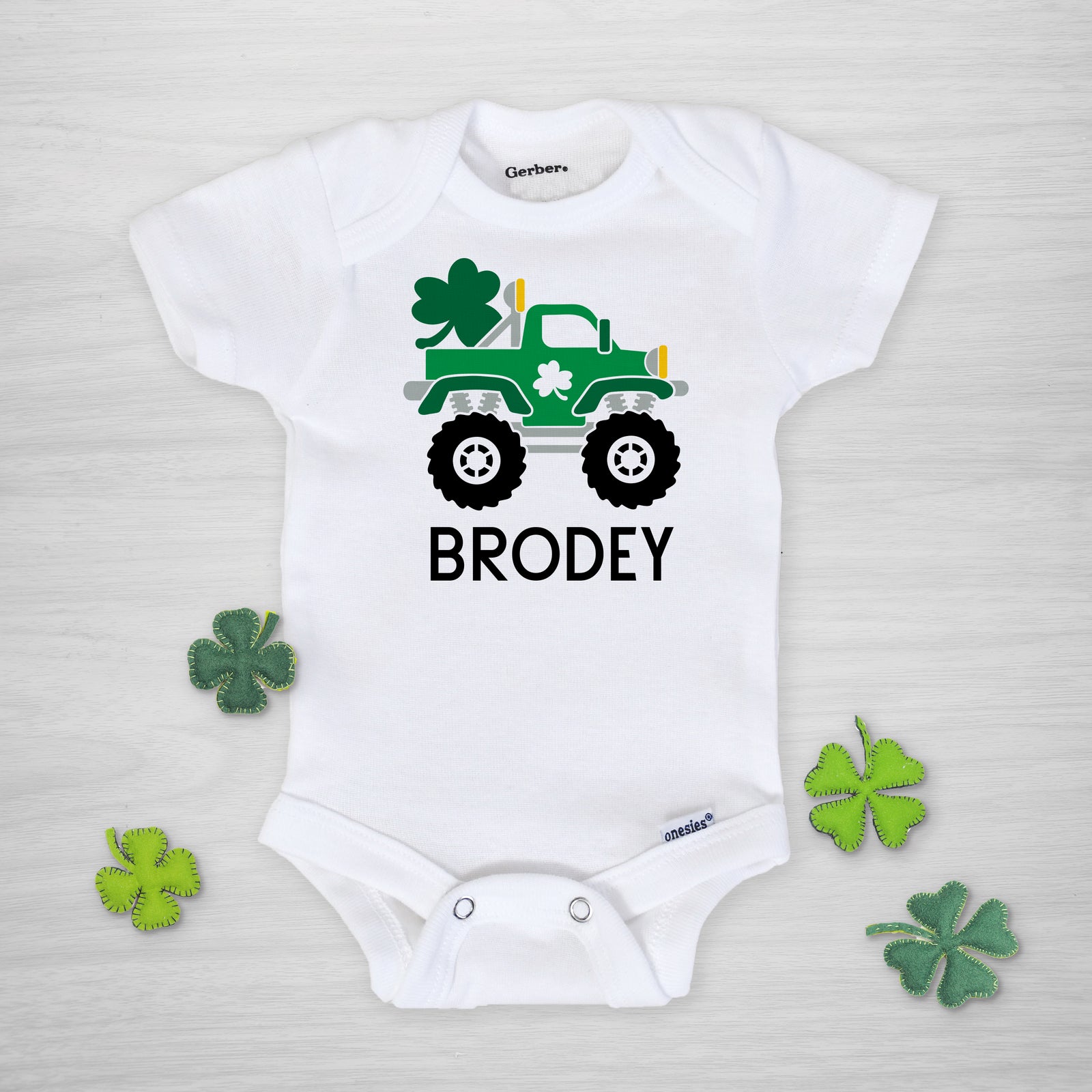 Monster Truck with Shamrocks St. Patricks Day gerber onesie