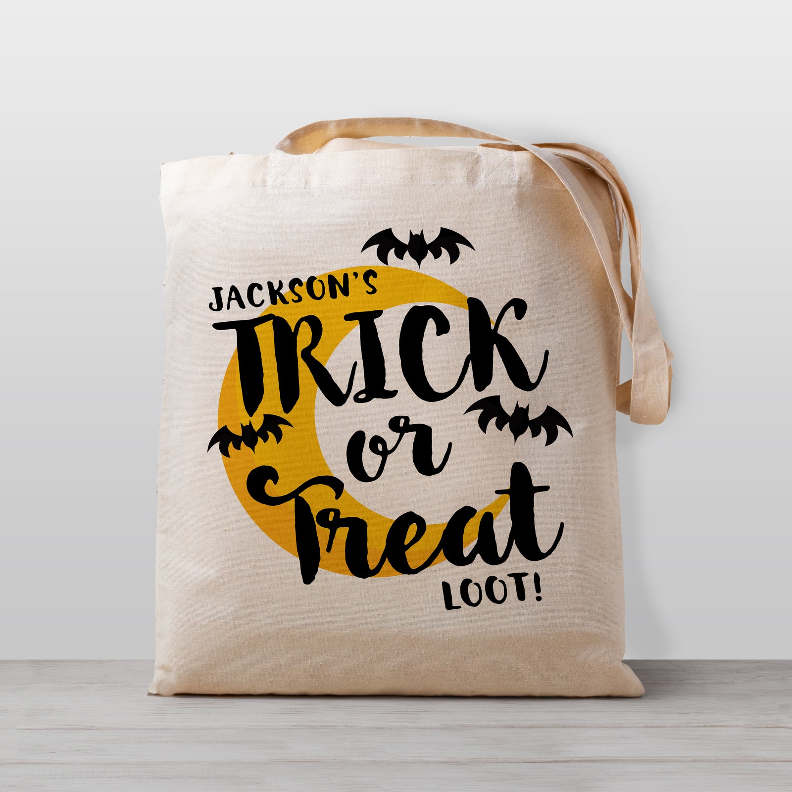 Personalized Halloween Trick or Treat bag with  Bats and a Moon, 100% natural cotton canvas