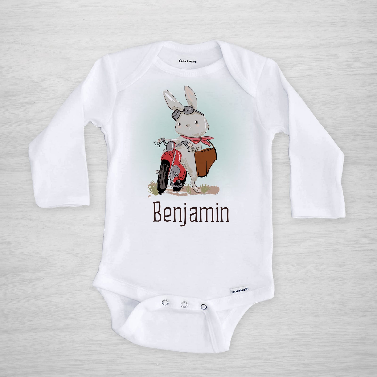 Motorcycle Easter Bunny Personalized Onesie, Long sleeved