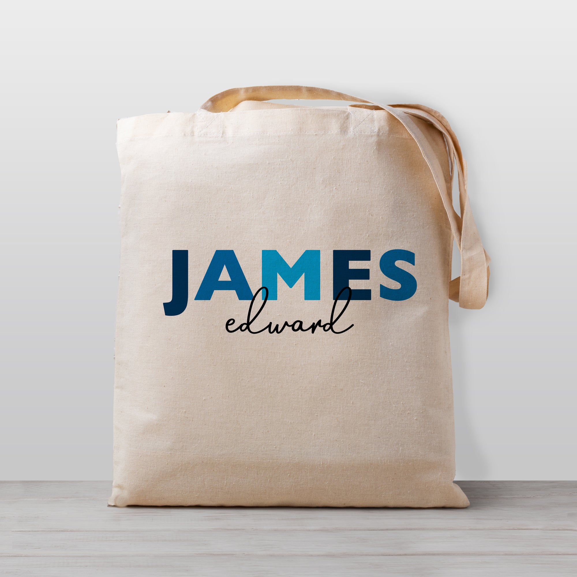 Boy's Personalized Tote Bag with Blue Ombre Name, 100% Natural Cotton Tote
