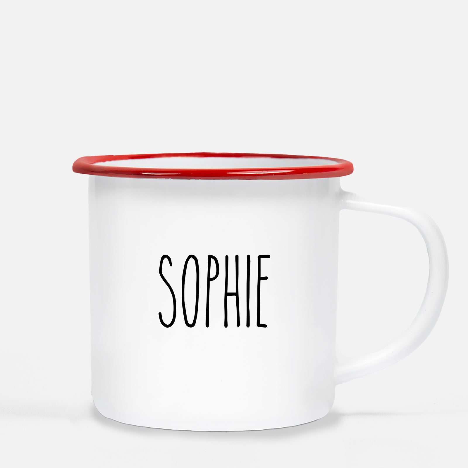 Personalize our popular 12oz white enamel metal camp mug with your child's name.  Simple skinny text.  Silver lip | PIPSY.COM