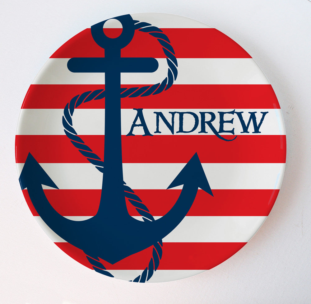 nautical anchor red and blue melamine plate