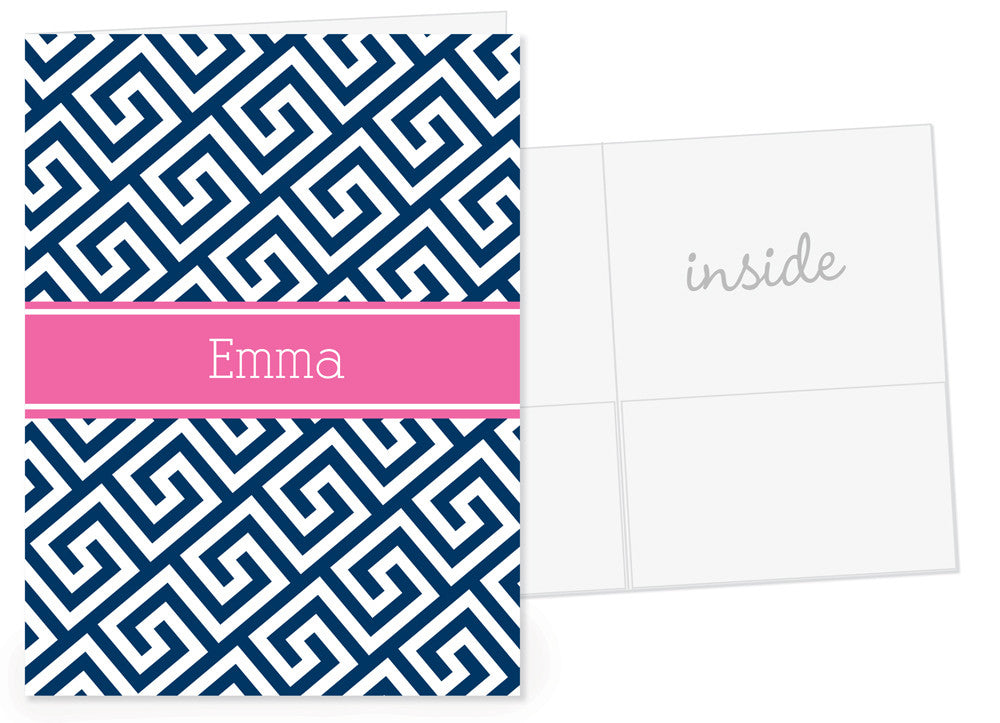 Navy greek key with hot pink name band pocket folder