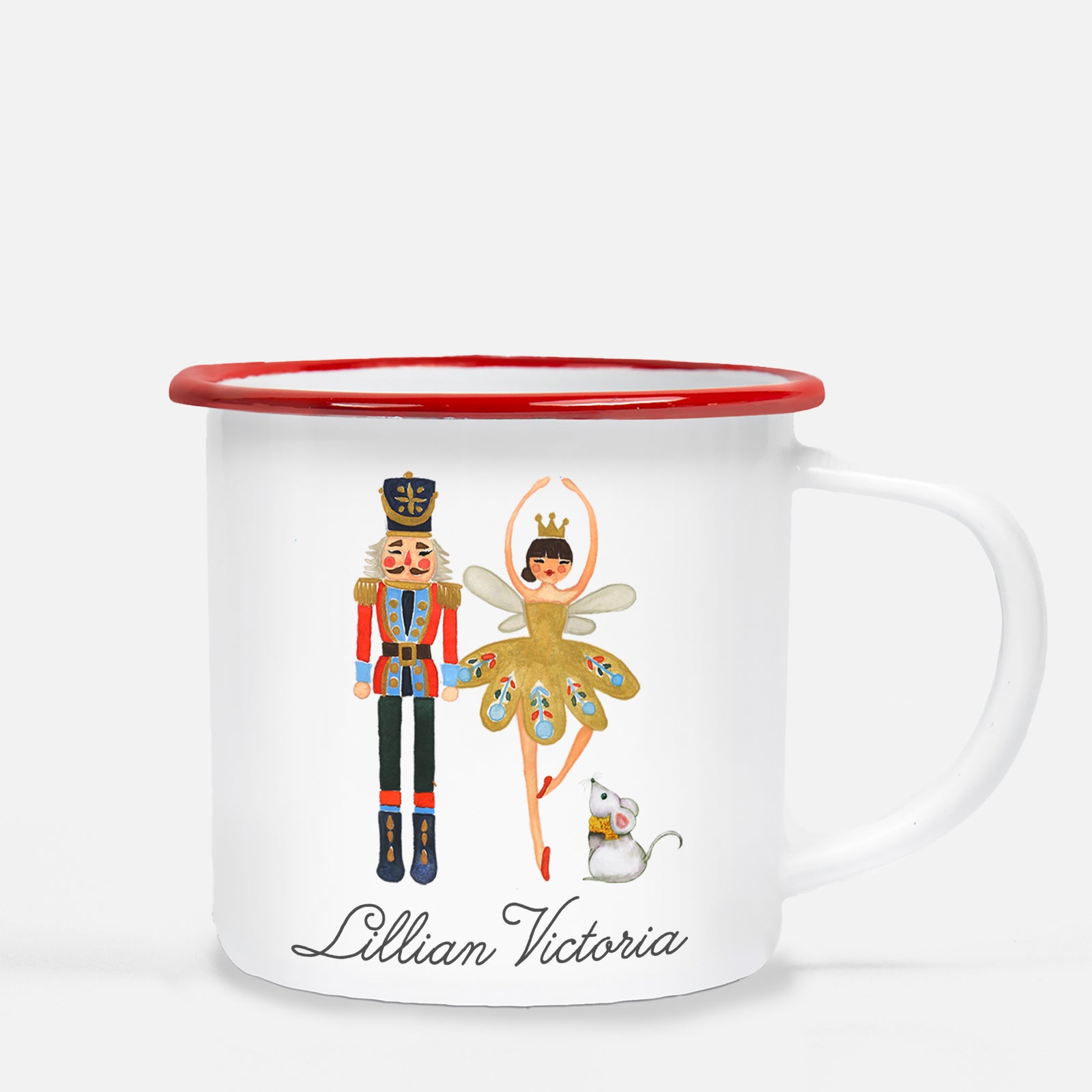 The Nutcracker along with ballerina and mouse in a beautiful watercolor design - on our 12oz white enamel with silver lip camp mug | PIPSY.COM