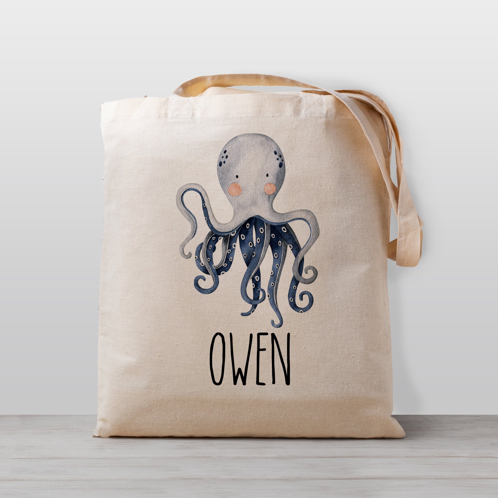Octopus Personalized Tote Bag for Kids, Watercolor Under the Sea design 100% Natural Cotton Canvas