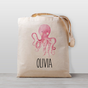 Octopus Tote bag in pink watercolor, personalized with your child's name. 100% natural cotton canvas