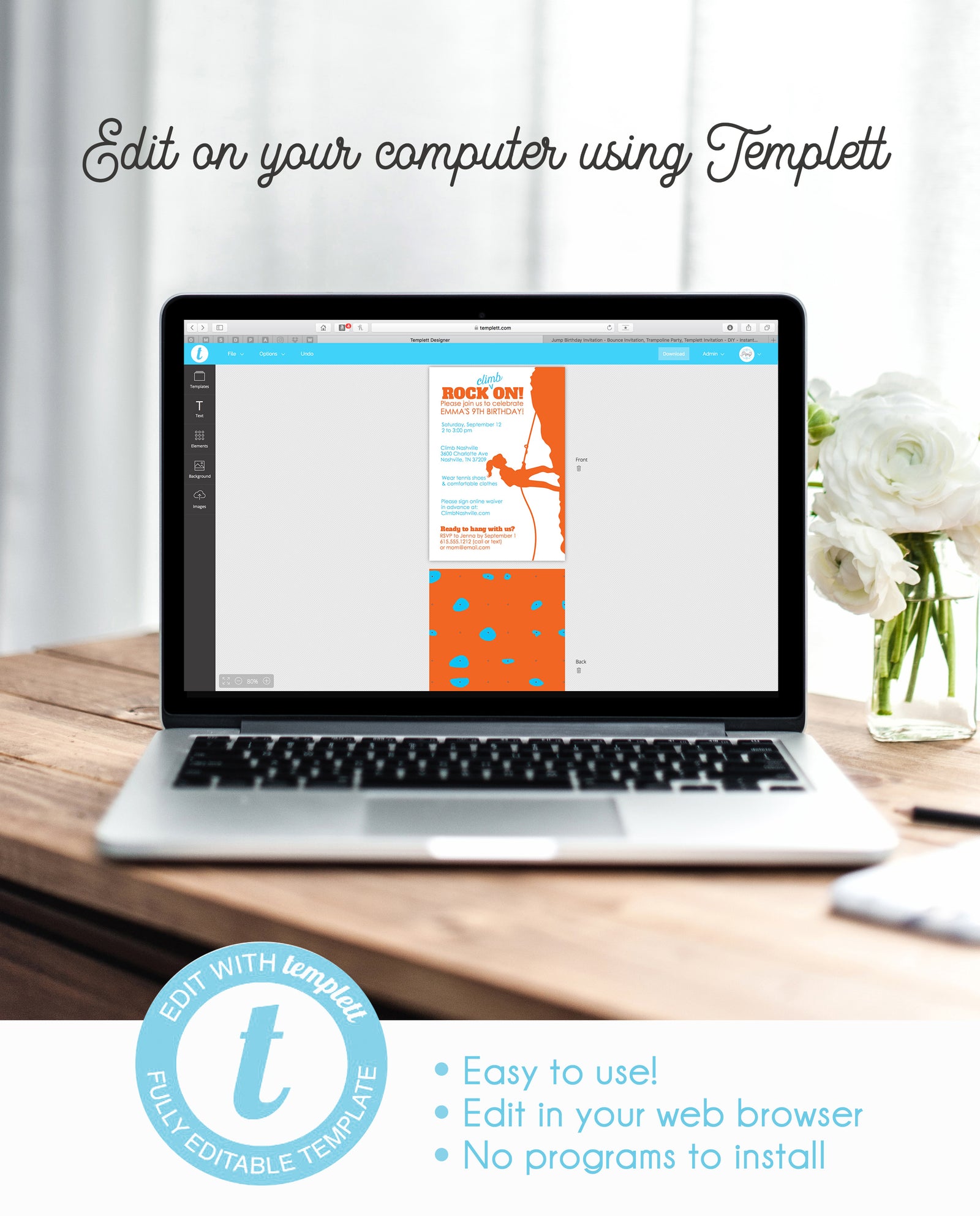 Girl rock climbing birthday invitation, DIY Instant Download Editable, Templett, PIPSY.COM