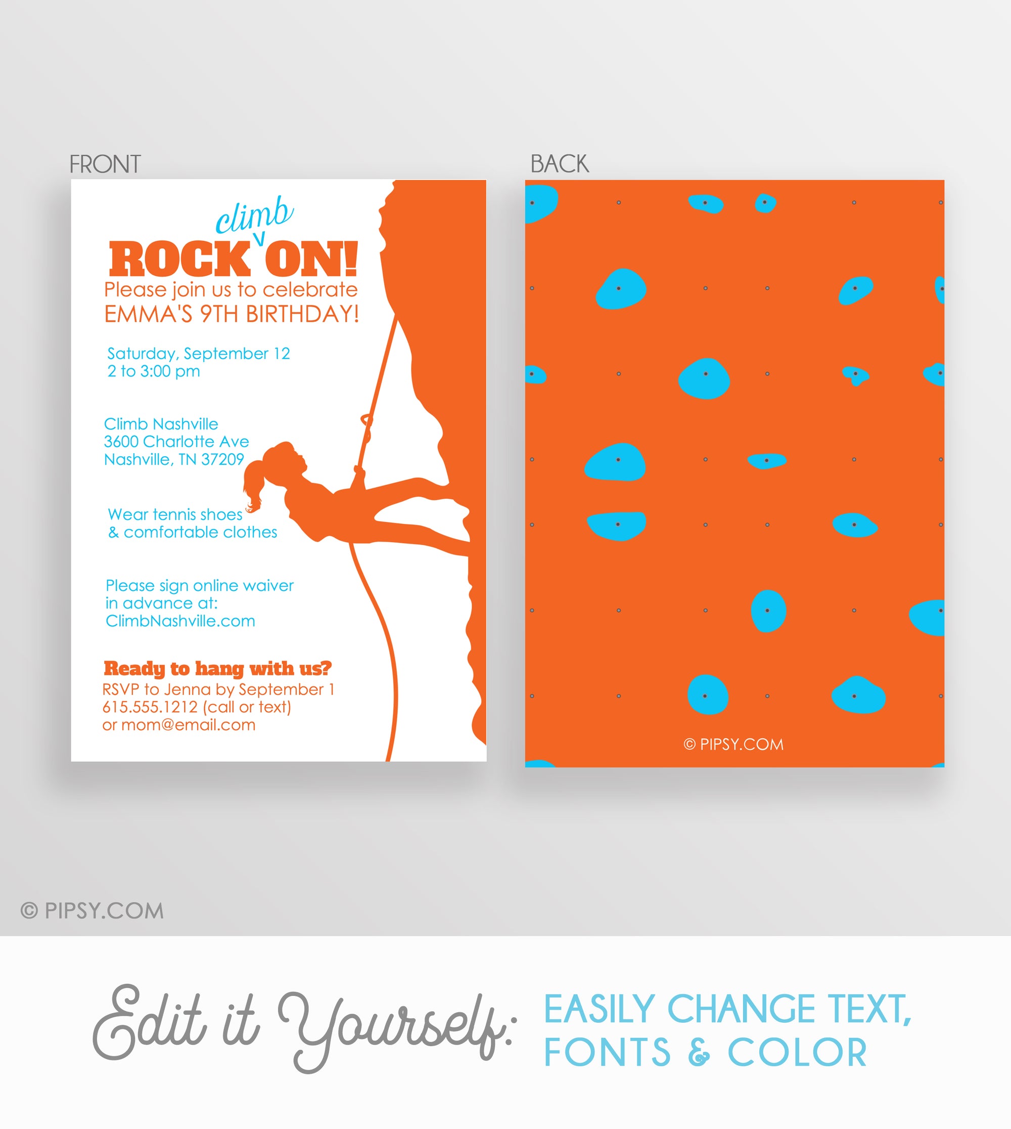 Rock Climbing Girl Invitations Orange (DIY Printable)