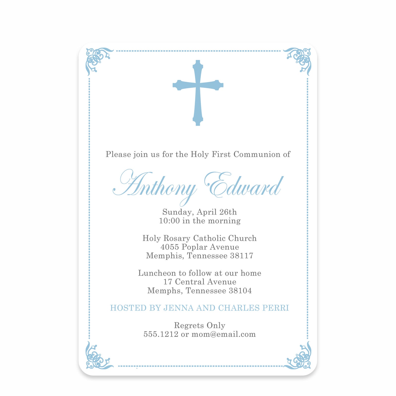 Ornate Frame Baptism/Christening Blue Invitation