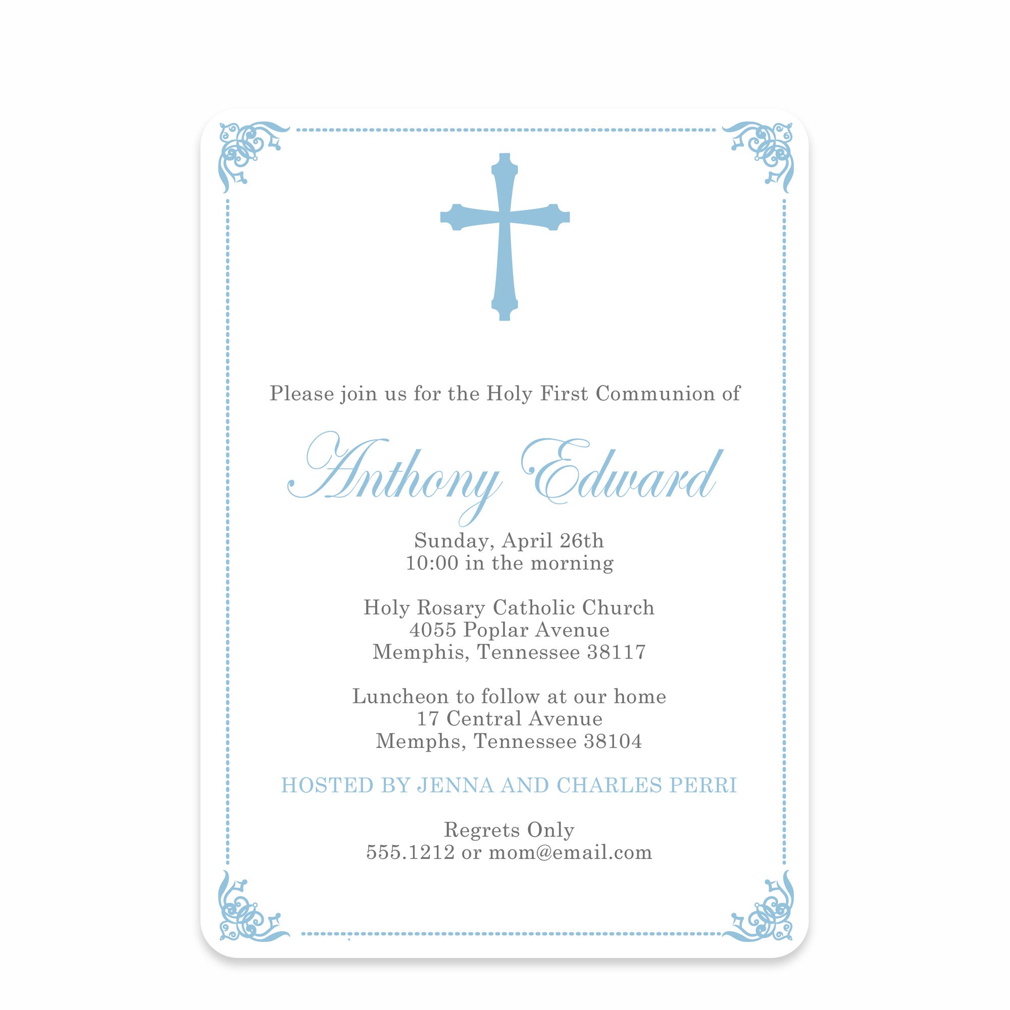 Ornate Frame Baptism/Christening Blue Invitation