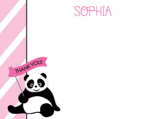 Panda party flat notecards in pink and black with stripes