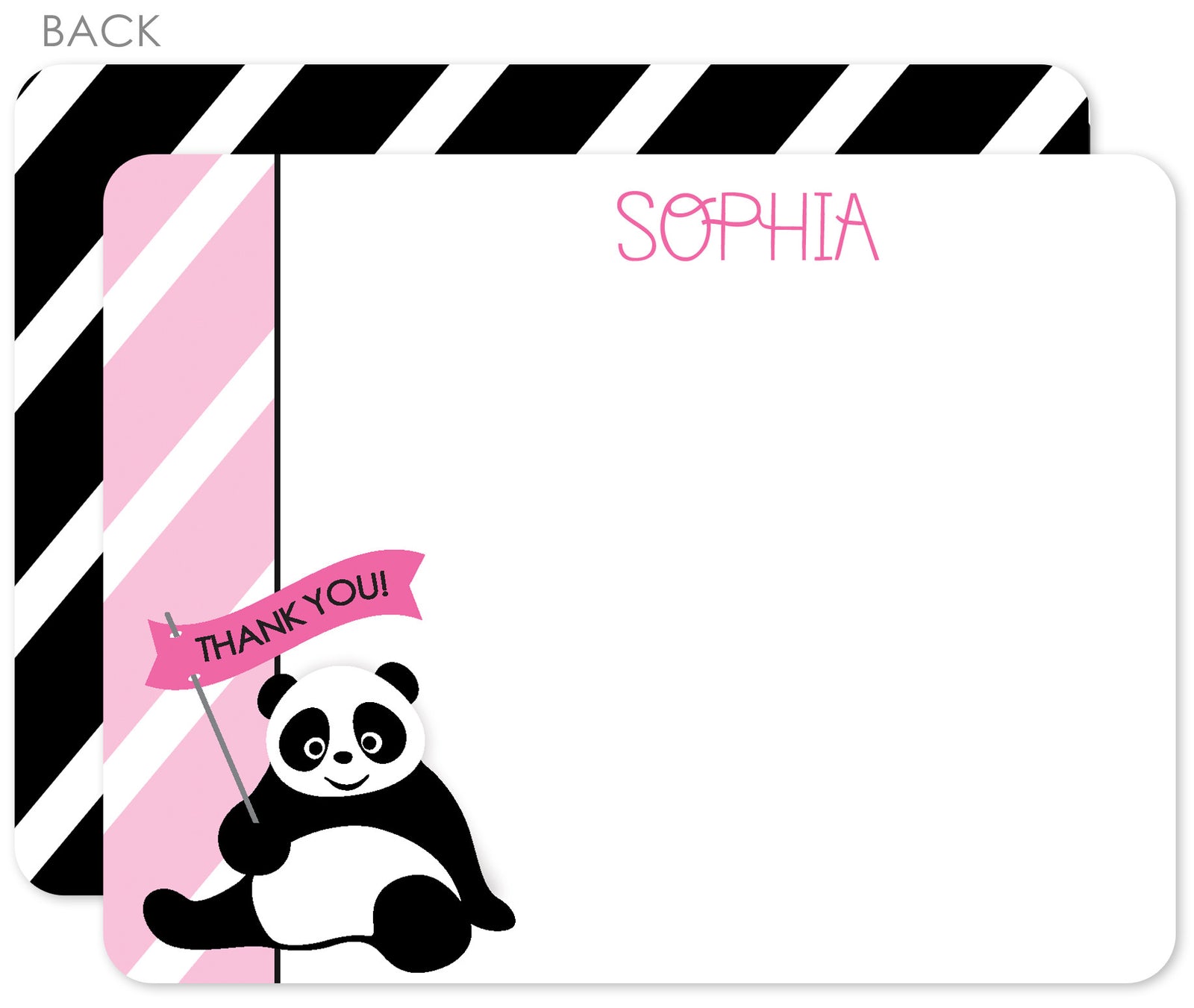 Panda party flat notecards in pink and black with stripes