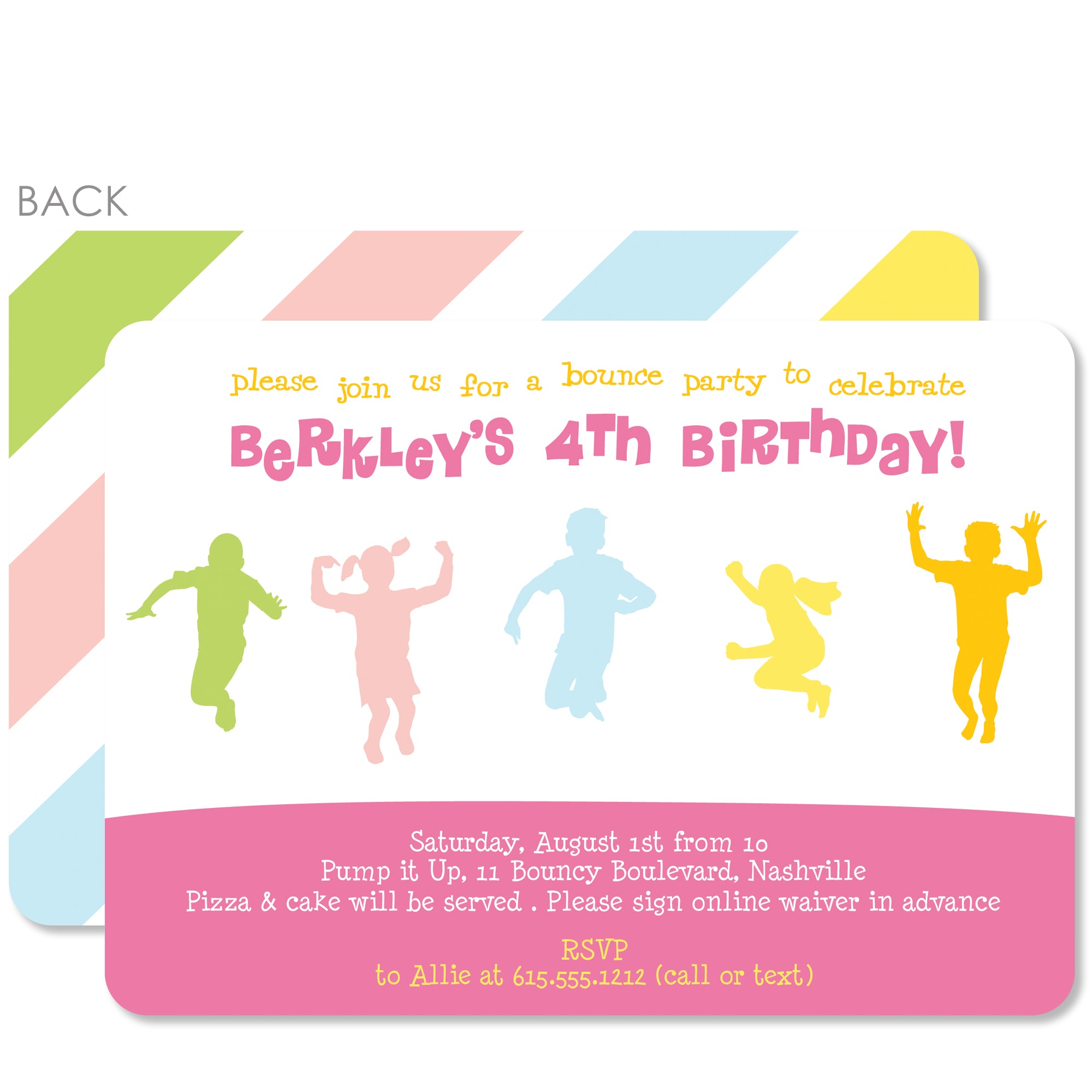 Pastel rainbow kids bounce birthday invitation, PIPSY.COM