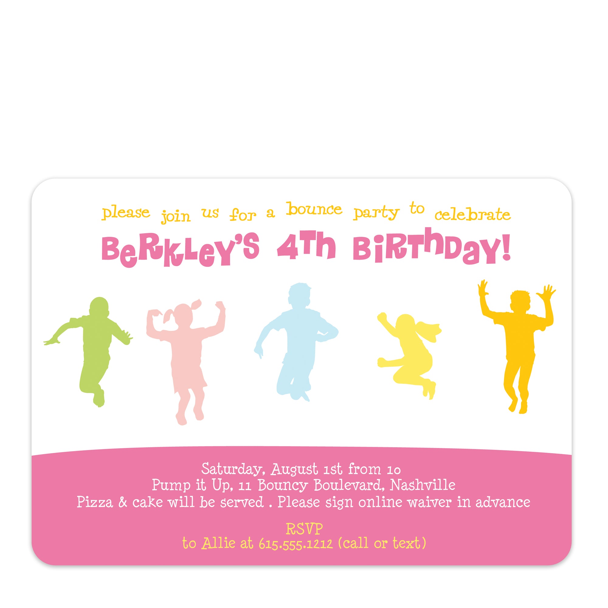 Pastel rainbow kids bounce birthday invitation, PIPSY.COM