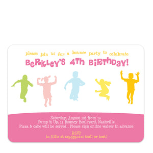 Pastel rainbow kids bounce birthday invitation, PIPSY.COM, front