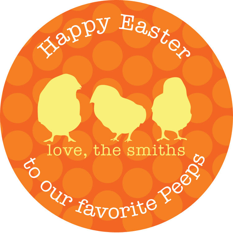 Favorite peeps round Easter sticker with orange polka dots and yellow chicks