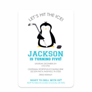 Blue Penguin Hockey & Ice Skating Party Birthday Invitation | Pipsy.com | Front