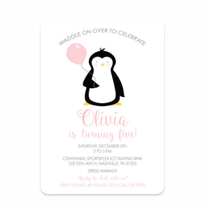 Pink Penguin Party Birthday Invitation | Pipsy.com | Front