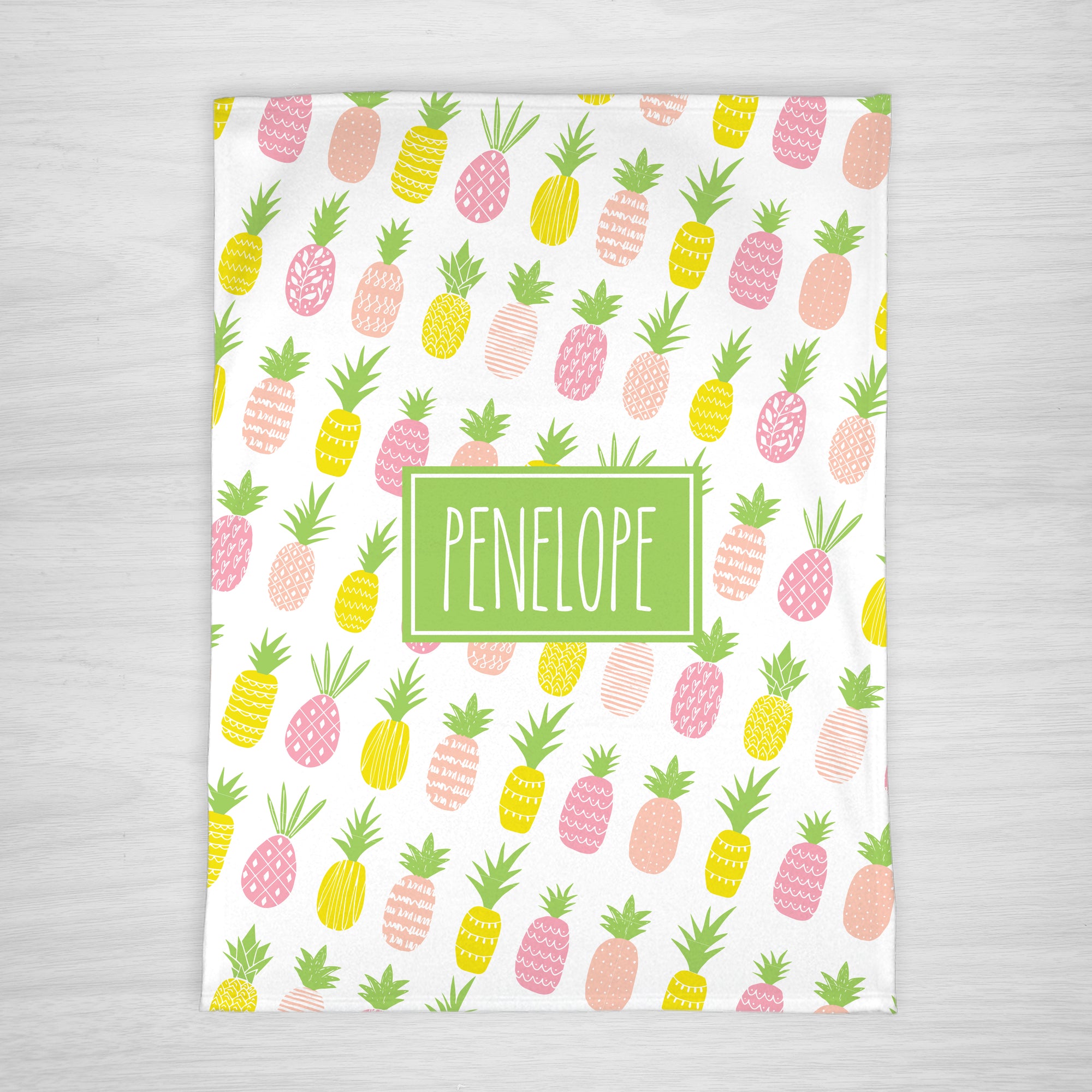 Pineapple name baby blanket, personalized, in pink, yellow and green