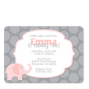 Pink Elephant Birthday Invitation, Printed on heavy cardstock, from Pipsy.com, front
