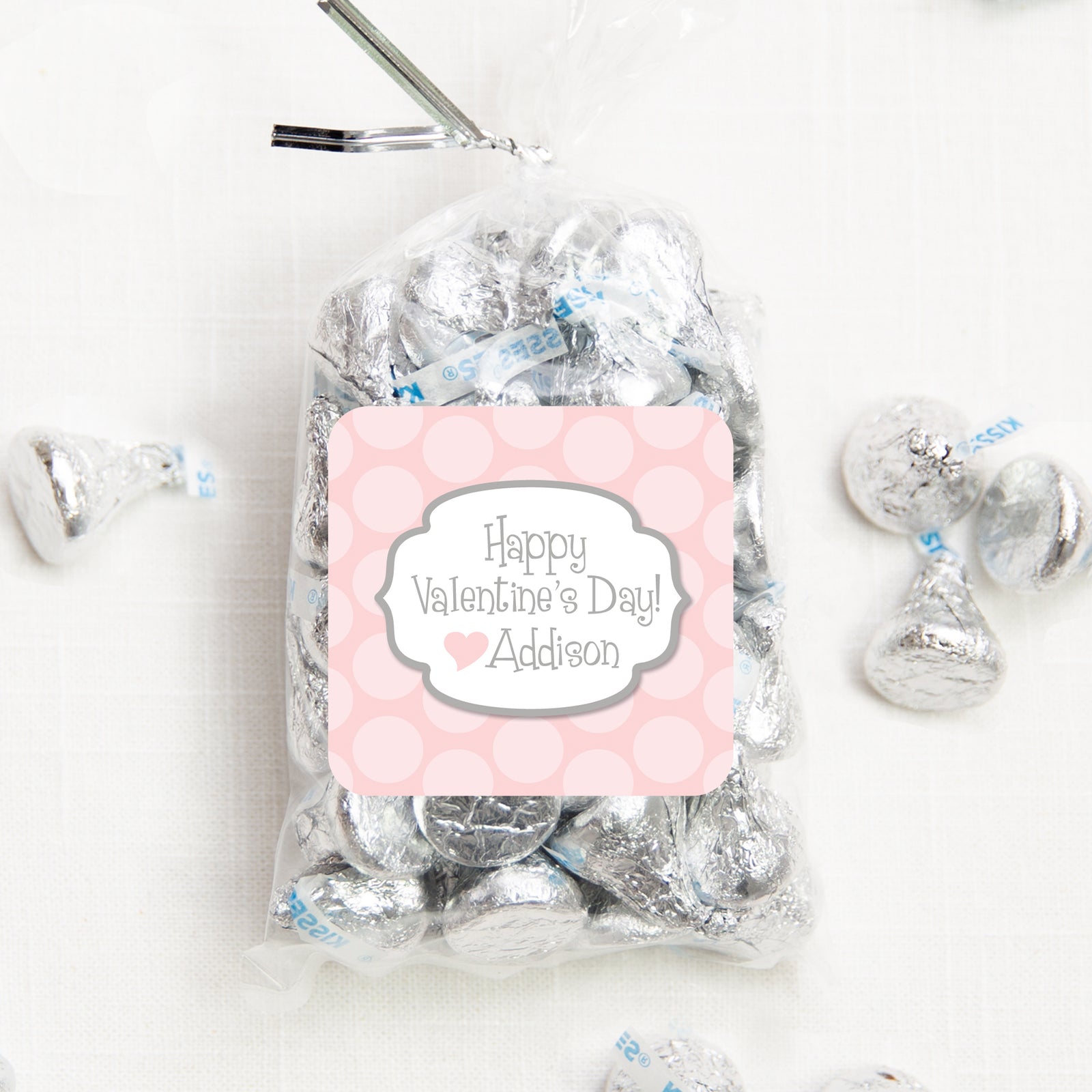 Pink And Gray Dots Valentine's Day Stickers | 2.5" Square Valentine's Day Sticker for candy bag | Classroom Party | Personalized stickers | PIPSY.COM
