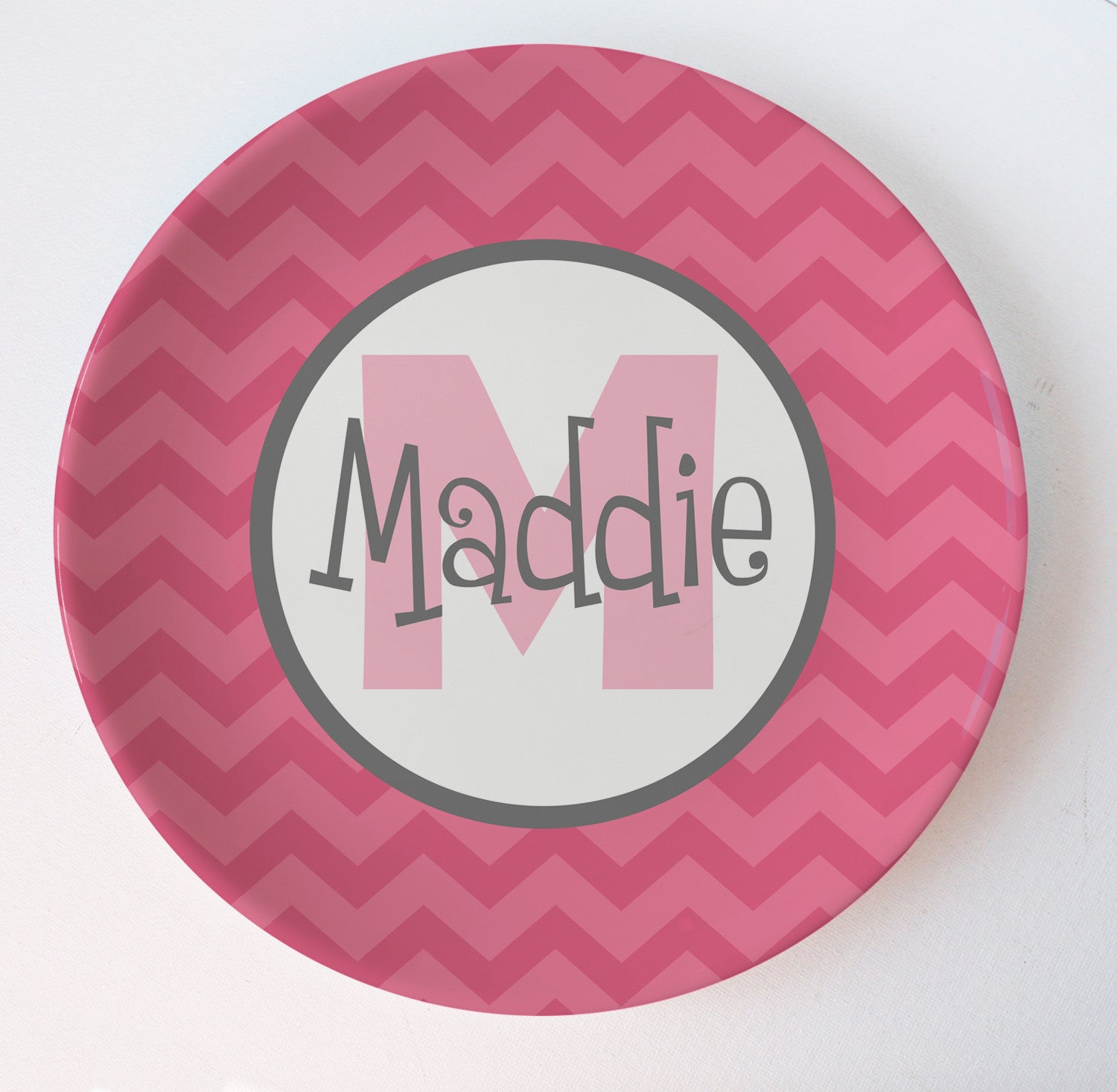 pink honeysuckle personalized monogram chevron melamine plate