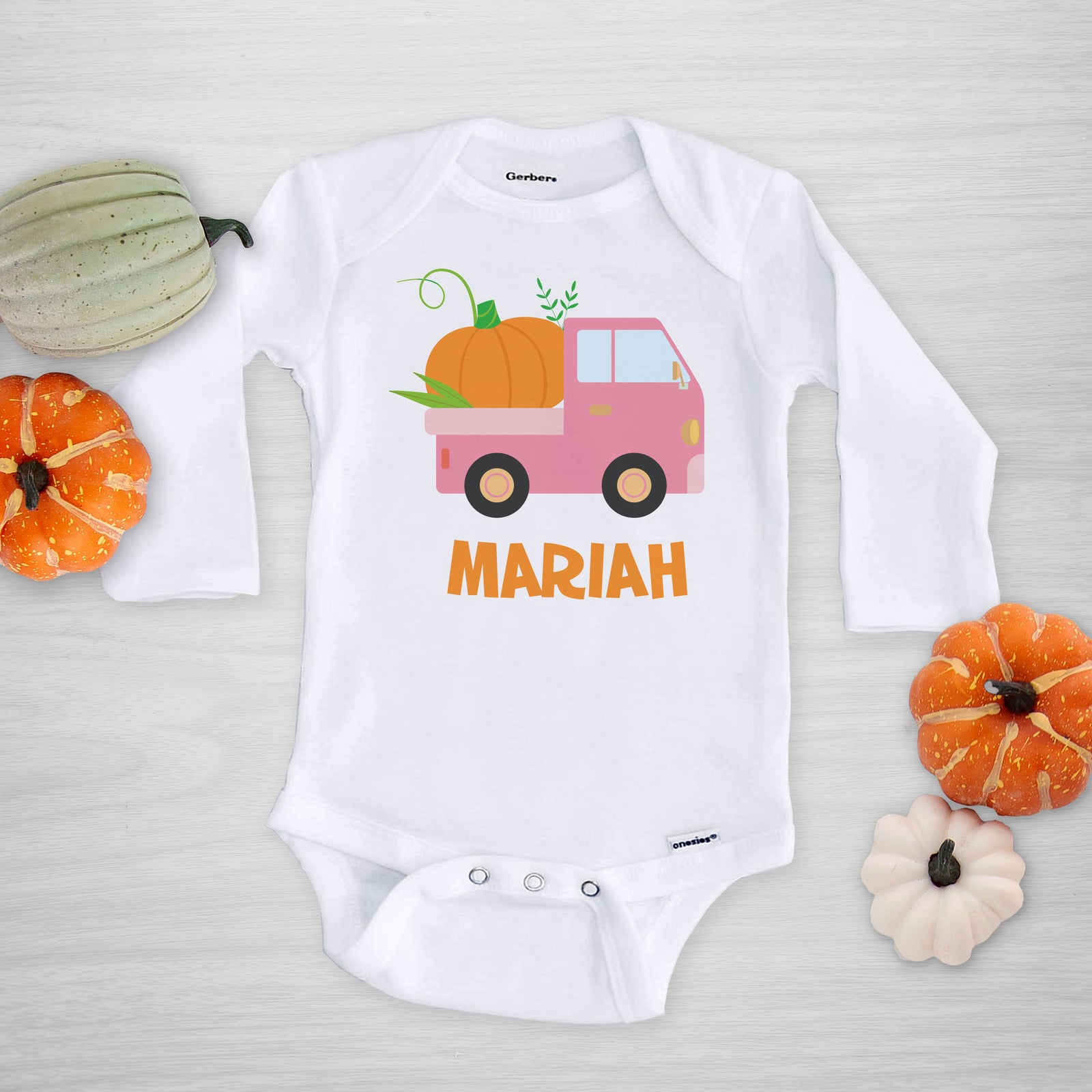 Pink Pumpkin Truck Halloween Onesie, long sleeved, Pipsy.com