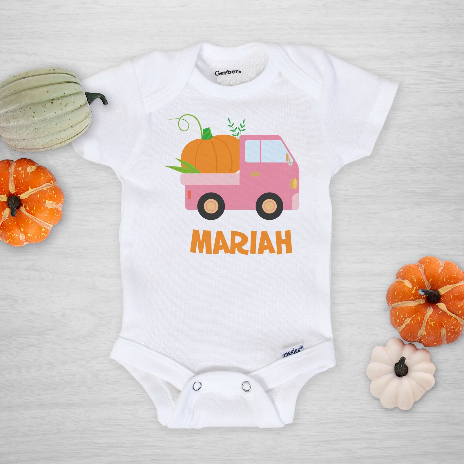 Pink Pumpkin Truck Halloween Onesie, long sleeved, Pipsy.com