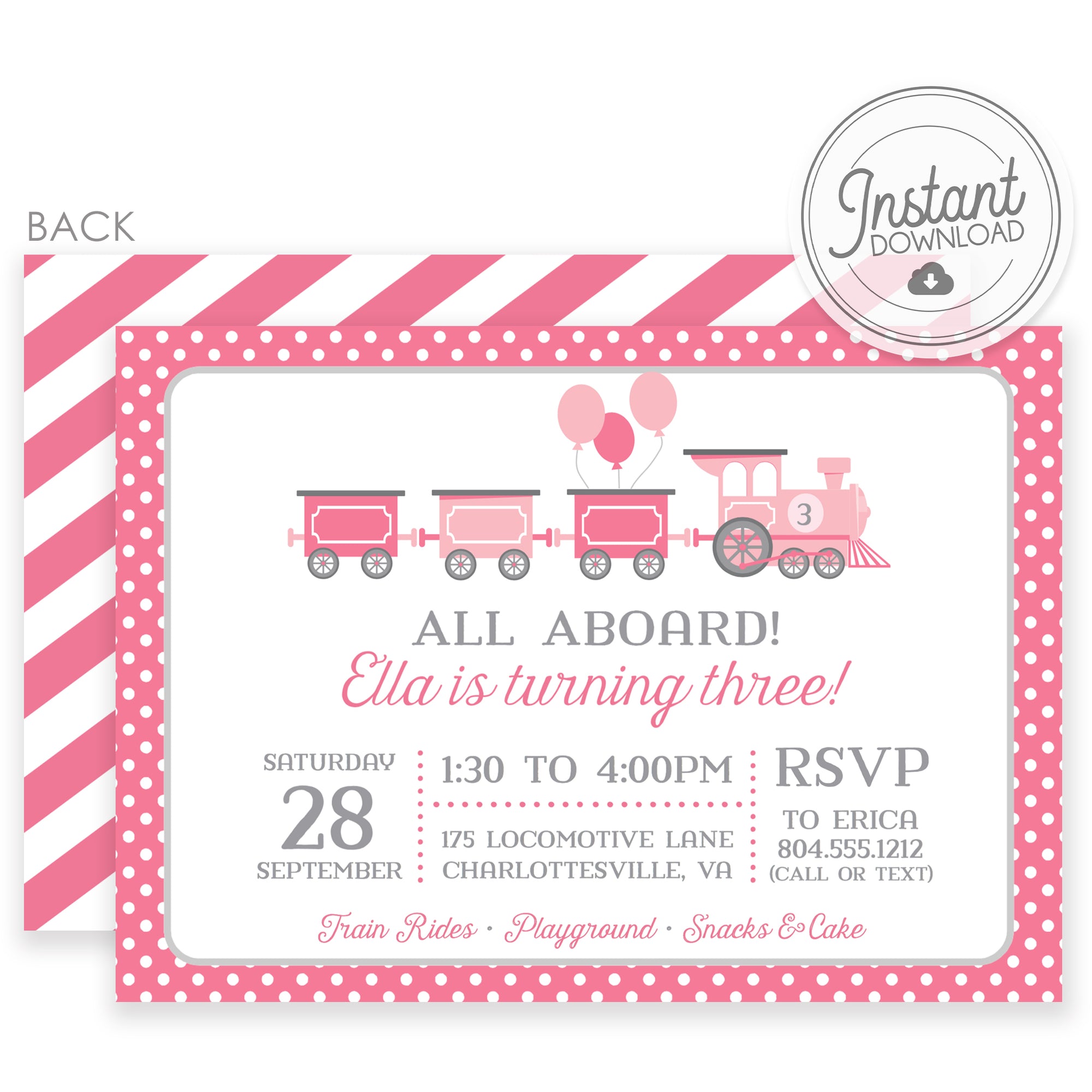 Pink Train DIY Invitation | Girl Birthday | Templett Invitation | PIPSY.COM