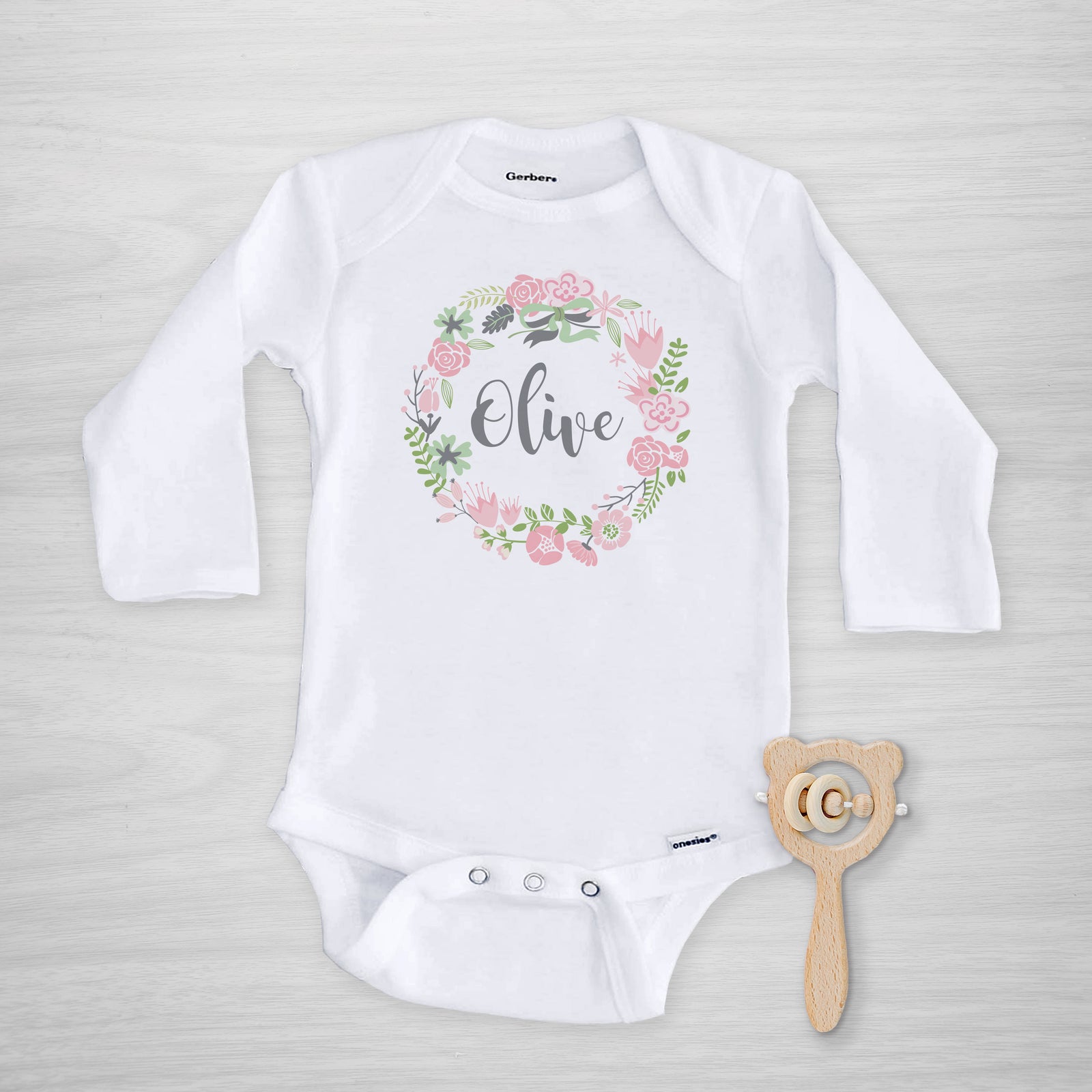 Pink Floral Wreath Personalized Gerber Onesie, long sleeved