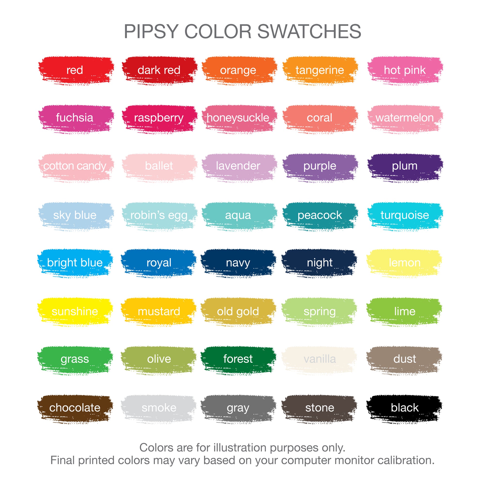 Pipsy Color Swatches