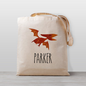 Kids Personalized dinosaur tote bag with a pterodactyl, 100% natural cotton canvas